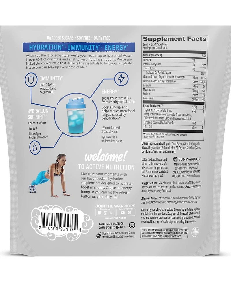 Sunwarrior Active Hydration Blue Raspberry Powder, Sugar Free B12 Elderberry and Electrolytes Water Enhancer, Sunwarrior, 18 stick packs 126g pouch