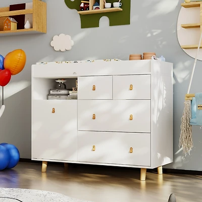 Diaper Table with 4 Drawers, Baby Changing Station with Storage Compartments