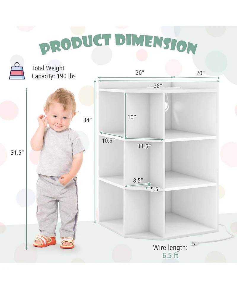 3-Tier Kids Corner Toy Storage Organizer with Usb Ports and Outlets 9 Cubbies