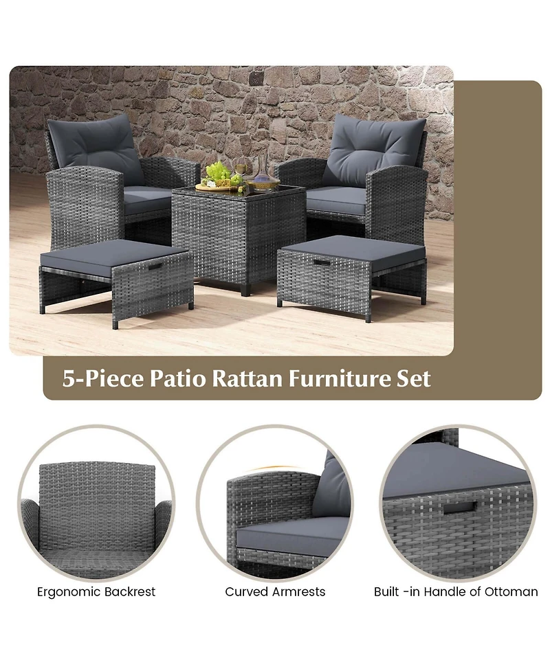 5 Piece Patio Rattan Furniture with 2 Ottomans & Tempered Glass Coffee Table