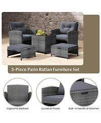 5 Piece Patio Rattan Furniture with 2 Ottomans & Tempered Glass Coffee Table