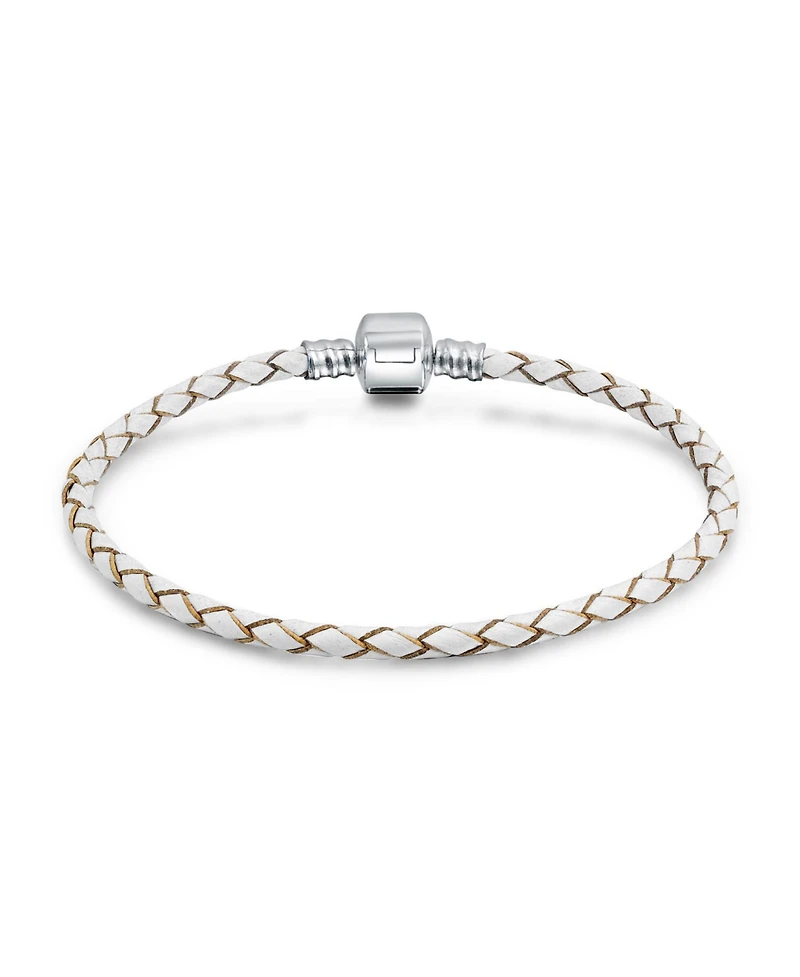 Bling Jewelry White Weave Braid Leather Starter Charm Fits European Beads Bracelet .925 Sterling Silver Barrel Clasp