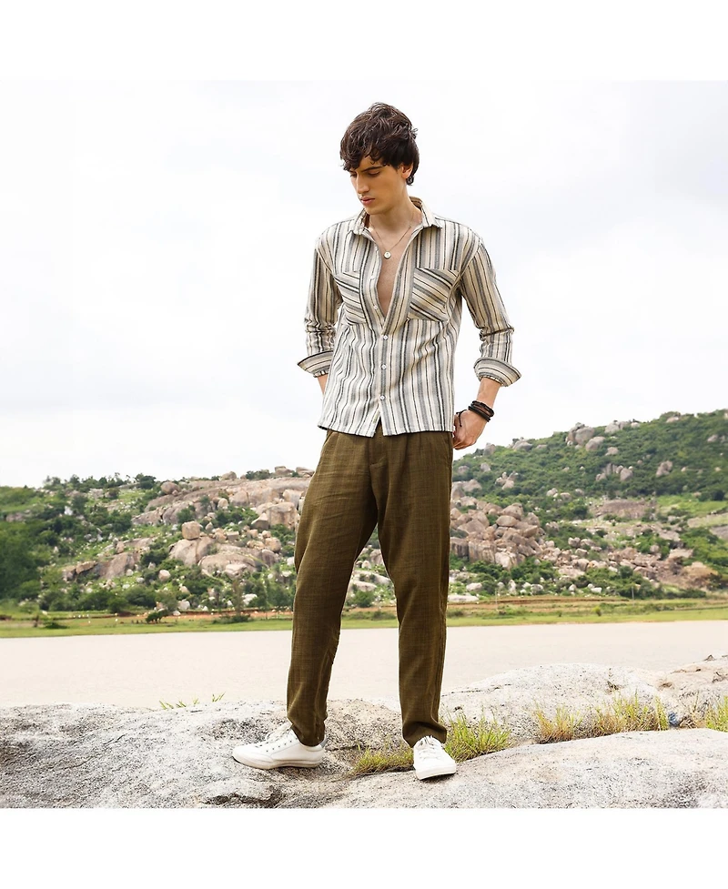 Campus Sutra Men's Bone Beige & Cloud Grey Multitrack Striped Oversized Shirt