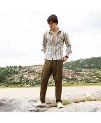 Campus Sutra Men's Bone Beige & Cloud Grey Multitrack Striped Oversized Shirt