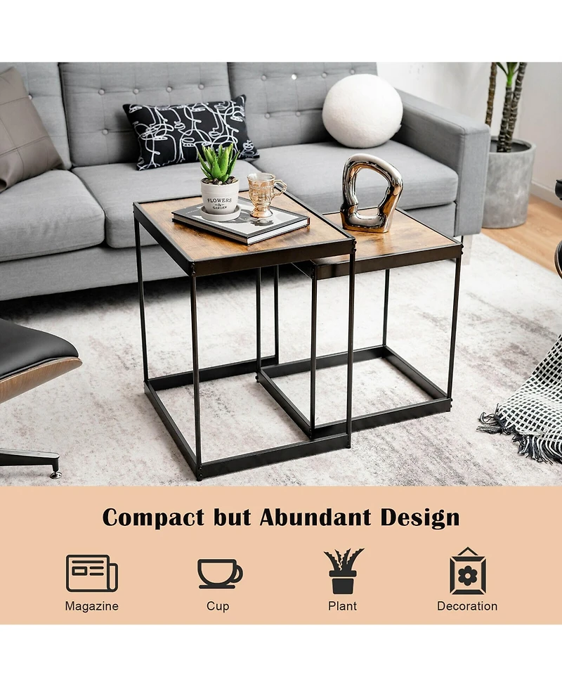 Gymax Coffee Tables Nesting Side Set of 2 for Living Room Modern W/ Sturdy Steel Frame