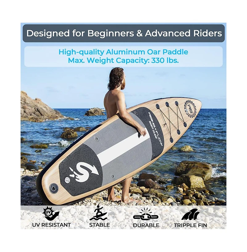 SereneLife Rising Flow Inflatable Stand-Up Paddle-Board With Accessories, Wood Design