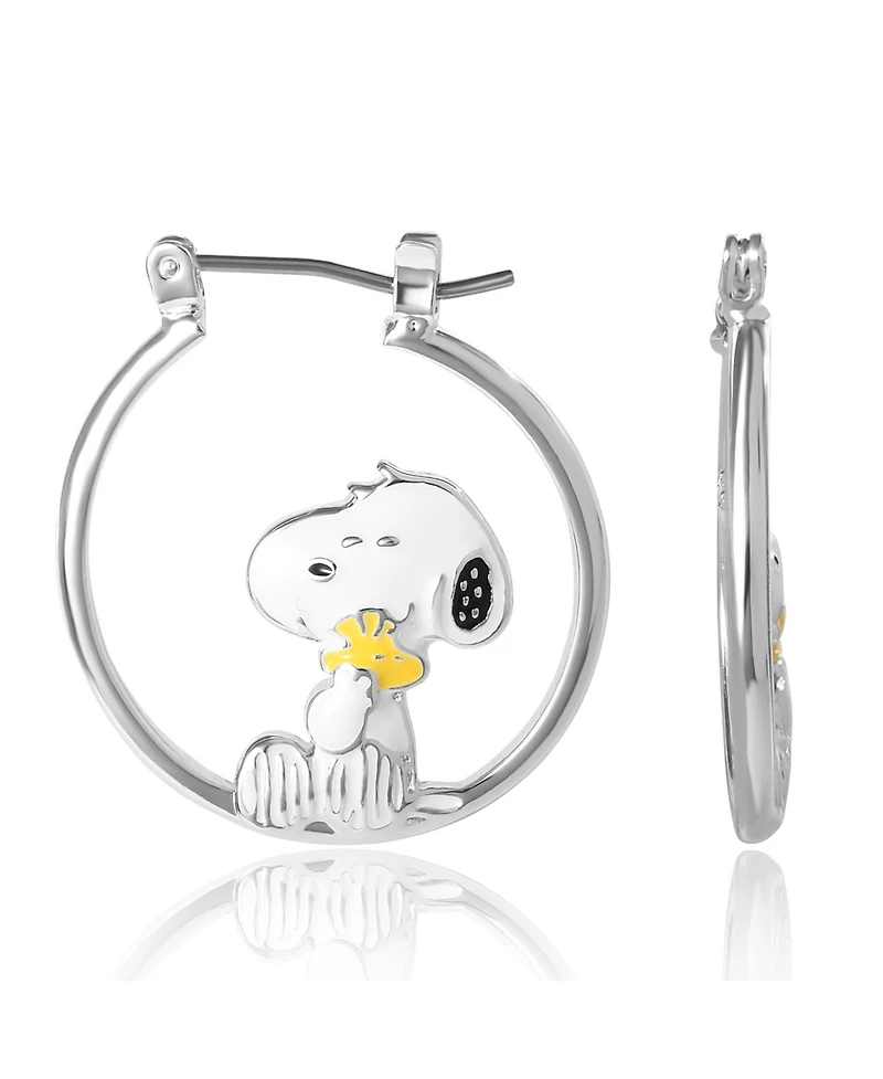 Peanuts Snoopy Hugging Woodstock Enamel Hoop Earrings - Cute Cartoon Character Jewelry