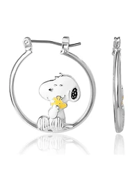 Peanuts Snoopy Hugging Woodstock Enamel Hoop Earrings - Cute Cartoon Character Jewelry