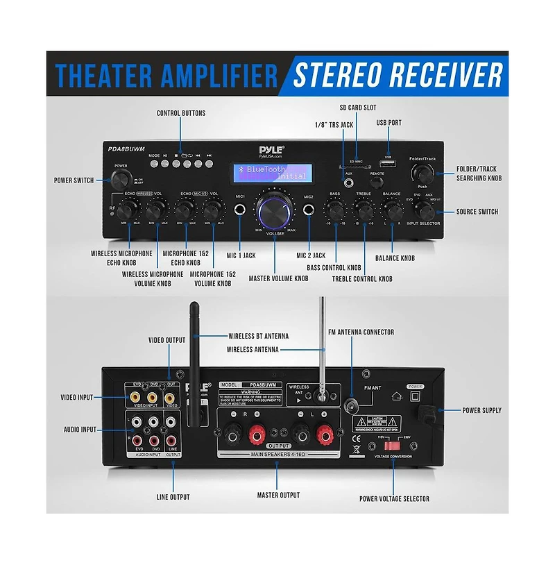 Pyle Bluetooth Stereo Amplifier Receiver With Uhf Wireless Microphone, MP3/Usb/Sd/Aux/Fm Radio, 200 Watt