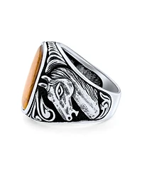 Bling Jewelry Natural Black Onyx Brown Tiger Eye Equestrian Stallion Horse Ring Sterling Silver