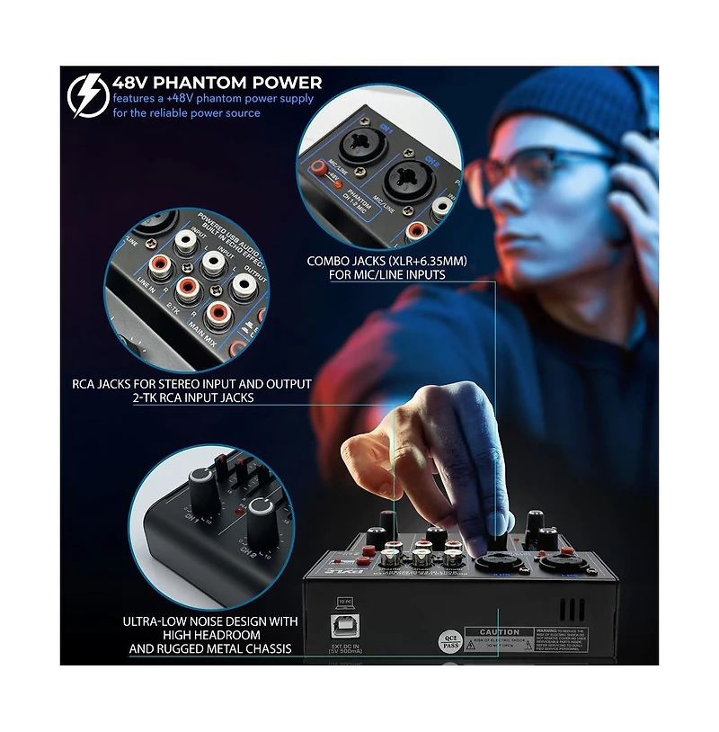 Pyle Compact Bluetooth Dj Mixer Interface with Usb Audio and Phantom Power