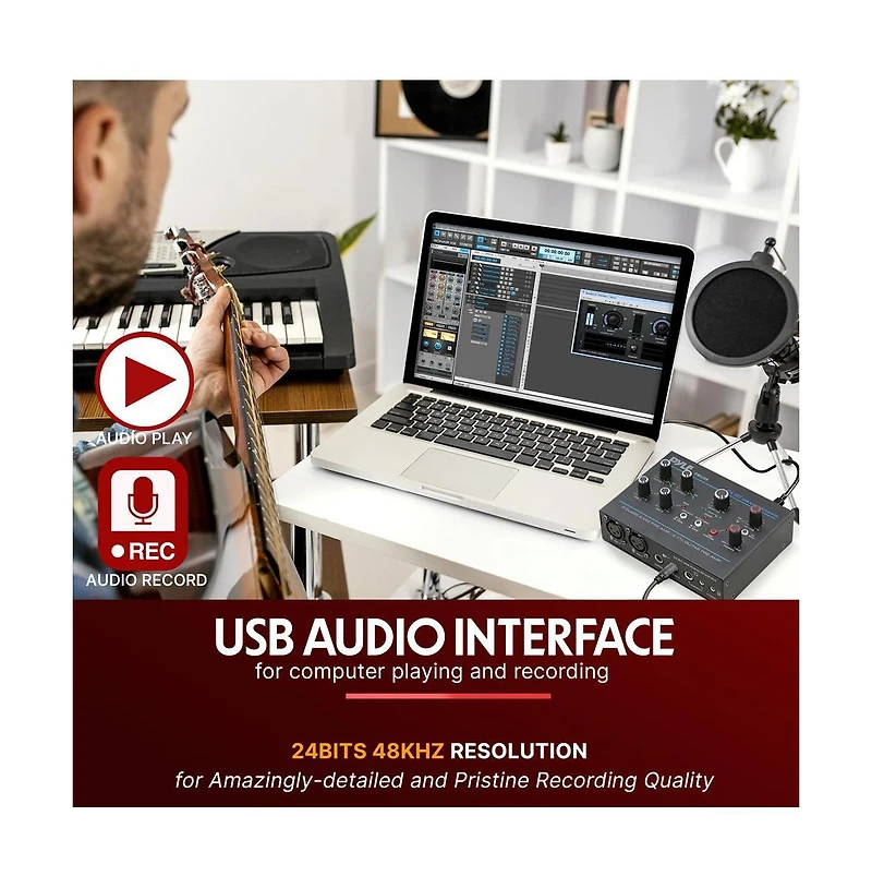 Pyle Professional Usb Audio Interface with Mic/Line, Guitar, Aux, and Rca Inputs