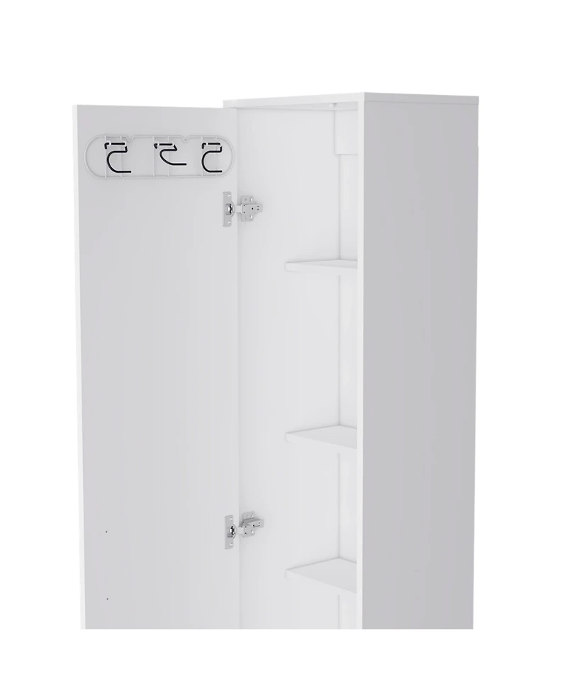 Dryden Tall Narrow Storage Cabinet with 5-Tier Shelf and Broom Hangers, White