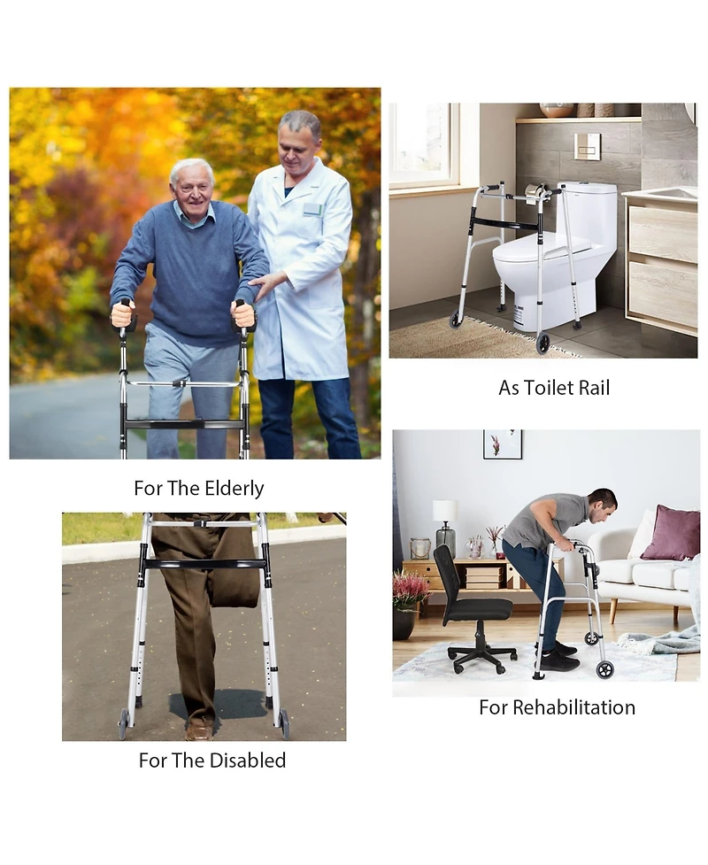 Sugift Folding Height Adjustable Walking Frame with Armrest Support-Silver