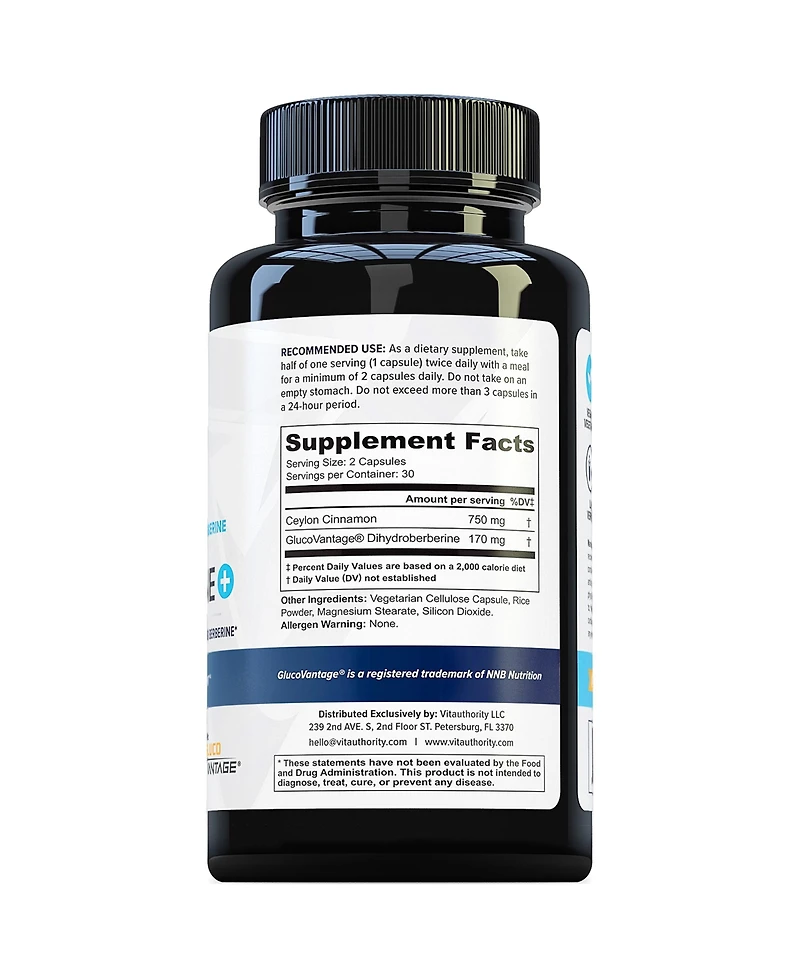 Berberine Supplement, Ceylon Cinnamon Capsule for Blood Sugar and Weight Loss, Vitauthority, 60ct