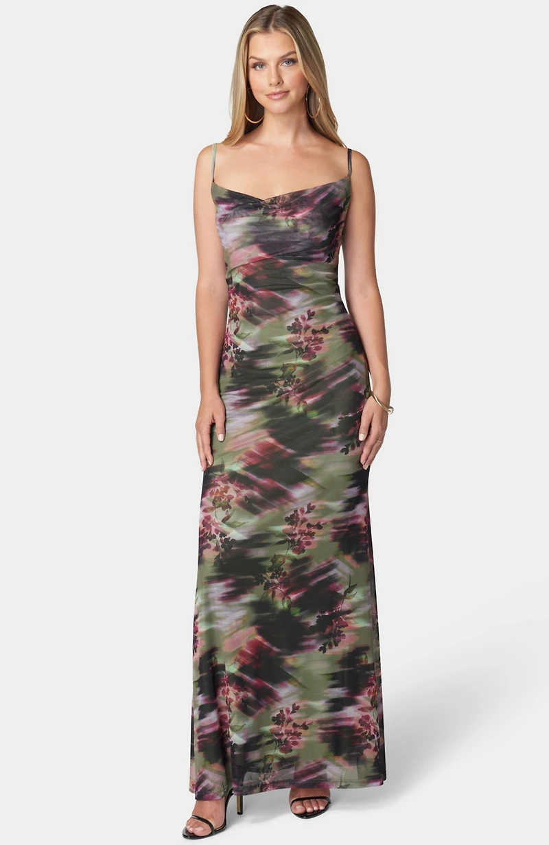 Bebe Women's Printed Mesh Cowl Gown