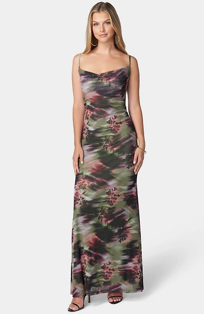 Bebe Women's Printed Mesh Cowl Gown