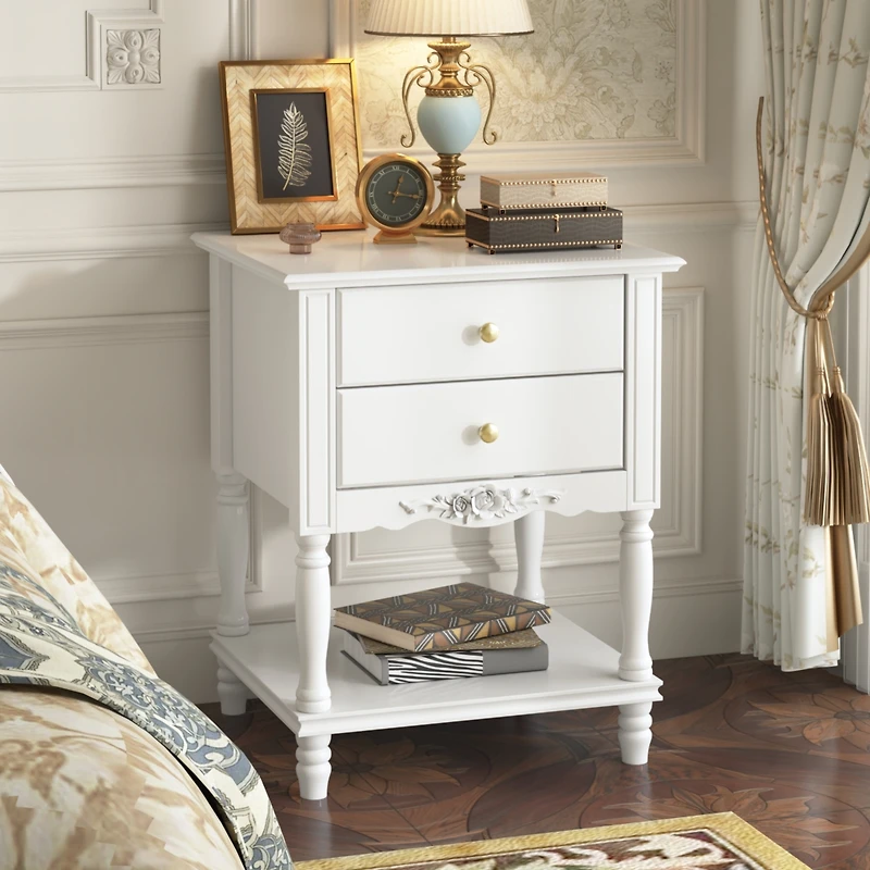 European style luxury white 2-drawer bedside table, bedroom nightstand, wooden end table