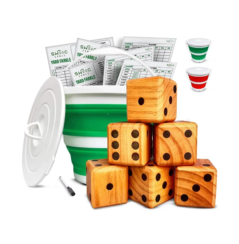 Swooc Games - Yardzee, Farkle & 20+ Classic Red Shaker Edition (All Weather) with Collapsible Bucket, Lid Score Cards