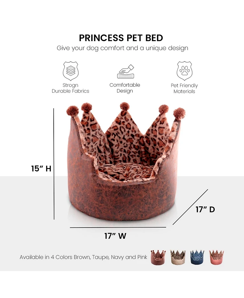 Dream Black Label Leopard Print Crown Dog Bed - Washable Round Cat Bed, Elegant Royal Design Indoor Cuddler Pet Beds for Puppy and Kitten
