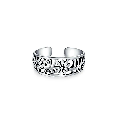 Bling Jewelry Flowers Cut Out Filigree Midi Band Toe Ring Sterling Silver Mid Finger