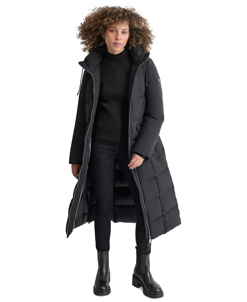 Dkny Womens Maxi Belted Hooded Puffer Coat
