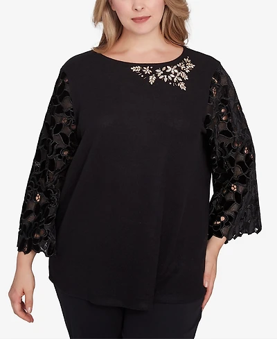 Ruby Rd. Plus Size Velvet Rosette Lace Sleeve Bejeweled Top