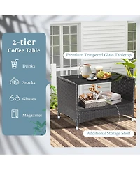 Costway 8PCS Patio Rattan Furniture Set Armrest Cushion Sofa Coffee Table with Shelf Garden