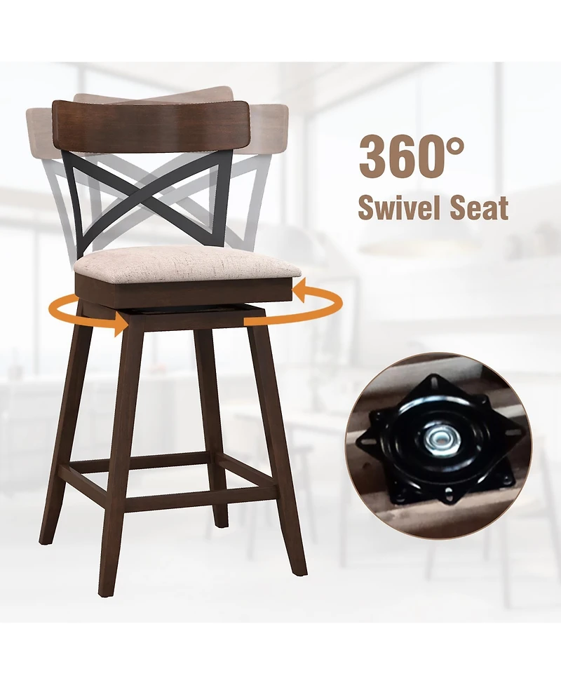 Set of 2 Wooden Swivel Bar Stools Upholstered Counter Height Dining Chairs