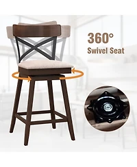 Set of 2 Wooden Swivel Bar Stools Upholstered Counter Height Dining Chairs