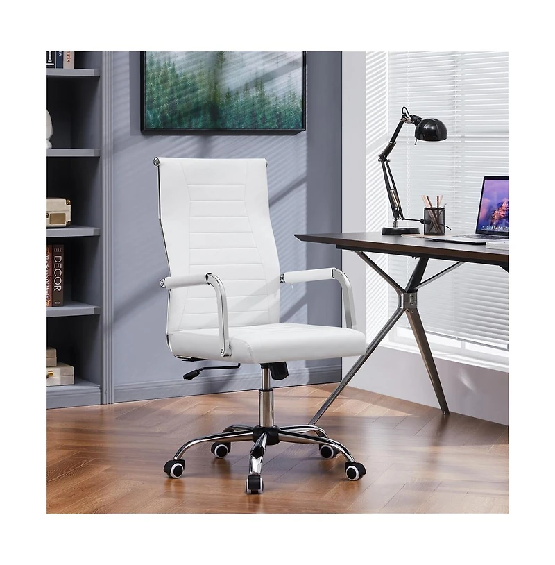 Yaheetech 360° Swivel Mid-back Modern Faux Leather Office Desk Chair with Chrome-plated Metal Base and Covered Armrests, White