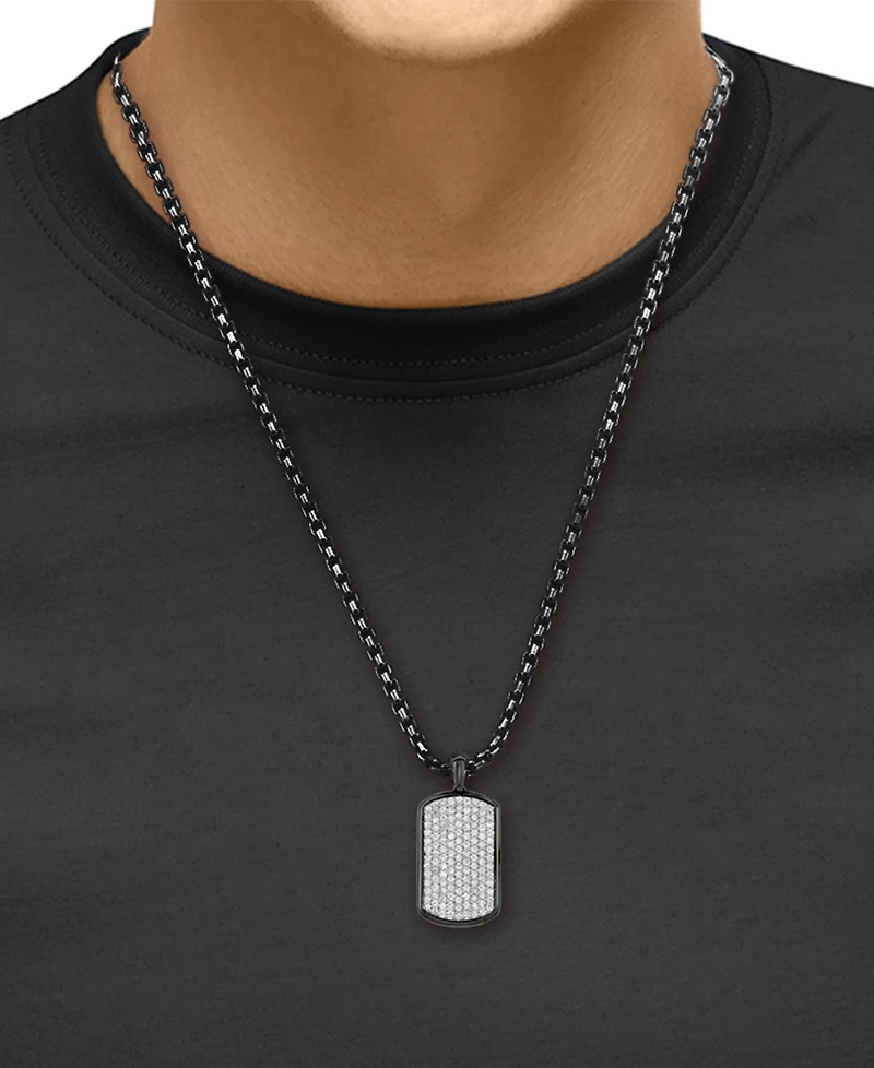 Effy Men's Zircon Cluster Dog Tag 22" Pendant Necklace (3-1/10 ct. t.w.) in Black Pvd Sterling Silver