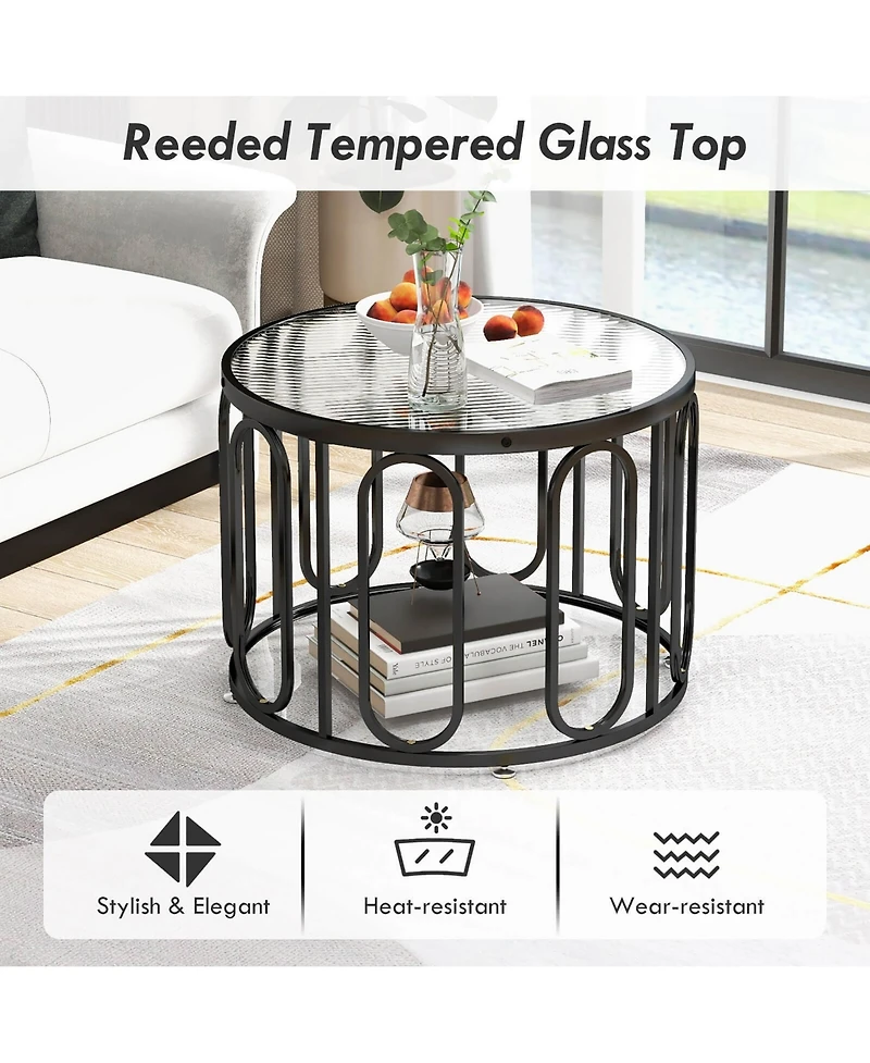 Gymax 2-Tier 24'' Round Coffee Table w/ Oval Swivel Brackets & Reeded Tempered Glass Gold
