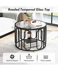 Gymax 2-Tier 24'' Round Coffee Table w/ Oval Swivel Brackets & Reeded Tempered Glass Gold