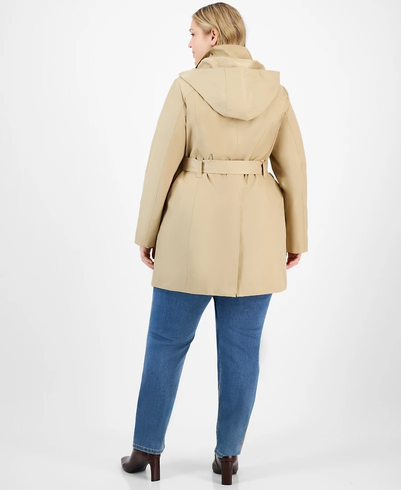 London Fog Plus Size Zip-Front Hooded Belted Trench Coat