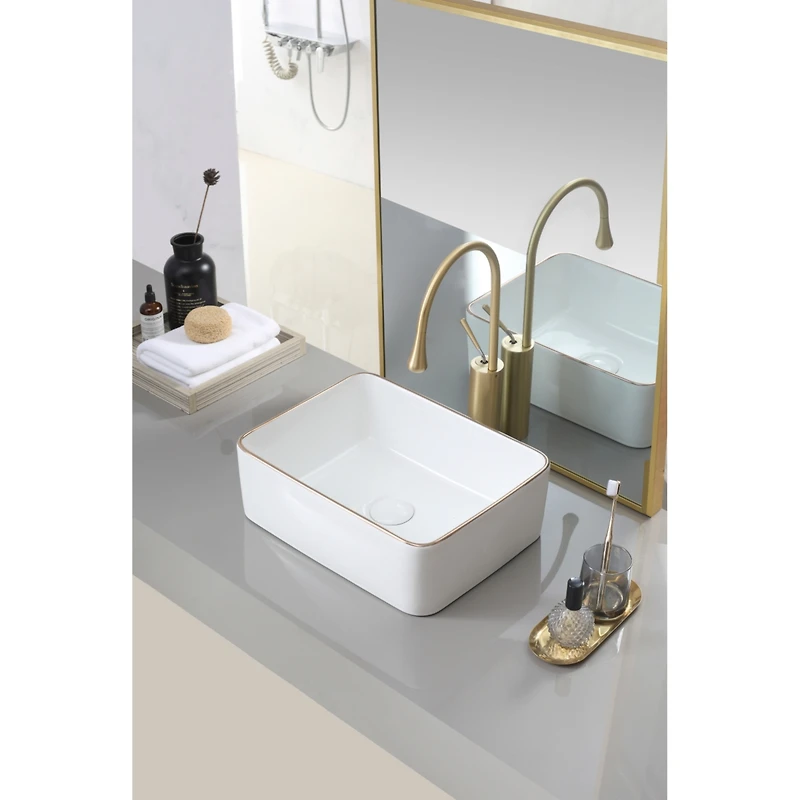 Simplie Fun White with gold trim Vessel Bathroom Sink Basin in White Ceramic Single Basin Ceramic Farmhouse Kitchen Sink with Basket Strainer