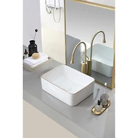 Simplie Fun White with gold trim Vessel Bathroom Sink Basin in White Ceramic Single Basin Ceramic Farmhouse Kitchen Sink with Basket Strainer
