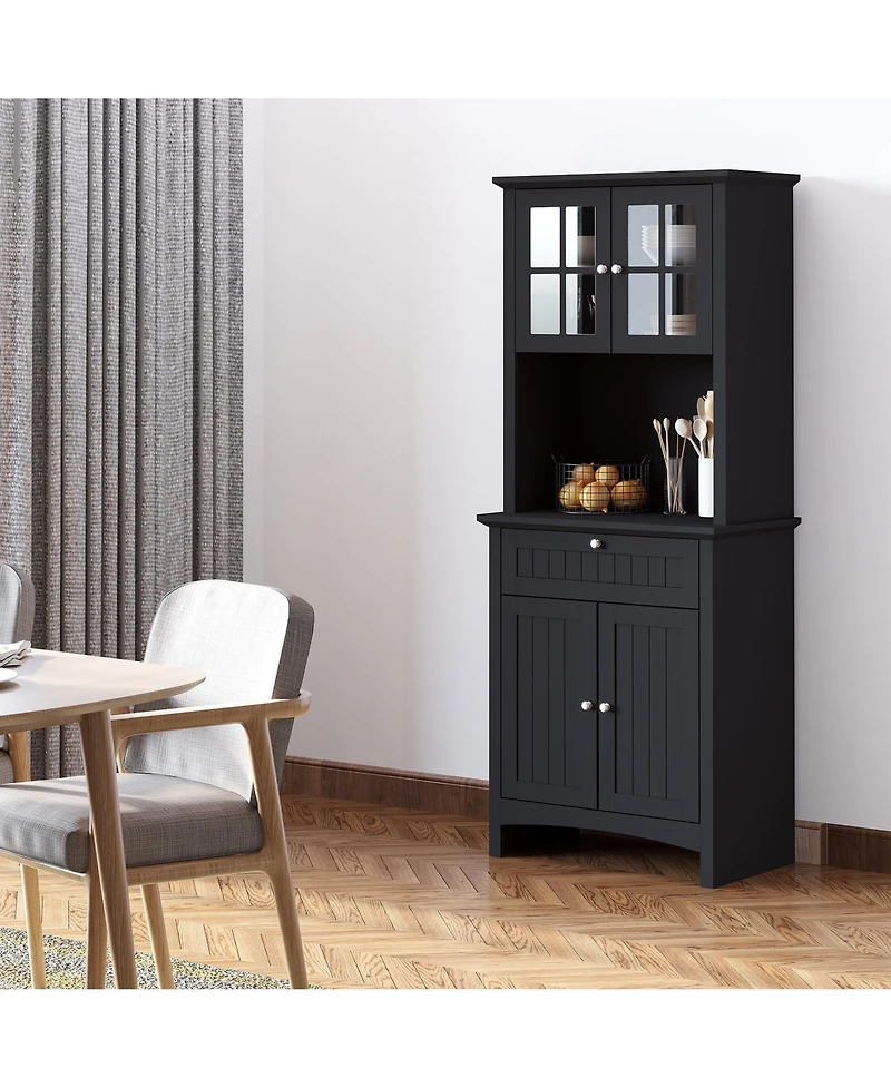 Elegant Buffet with Hutch, Kitchen Pantry Storage Cabinet with Framed Glass Door Drawer and Microwave Space, Black