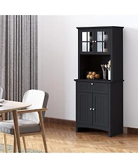 Elegant Buffet with Hutch, Kitchen Pantry Storage Cabinet with Framed Glass Door Drawer and Microwave Space, Black