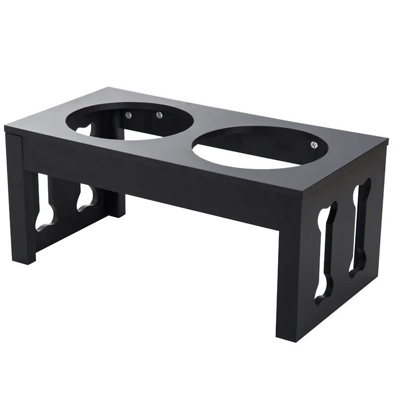 23" Modern Decorative Dog Bone Wooden Heavy Duty Pet Food Bowl Elevated Feeding Station - Black