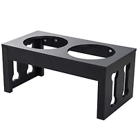 23" Modern Decorative Dog Bone Wooden Heavy Duty Pet Food Bowl Elevated Feeding Station - Black
