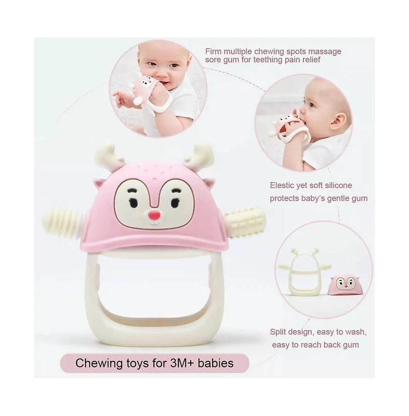 Smily Mia Reindeer Baby Teething Toy for Infants 3 Months Plus, Soothing Wearable Baby Chew Toy Sucking Needs & Pacifier for Newborns - Light Pink
