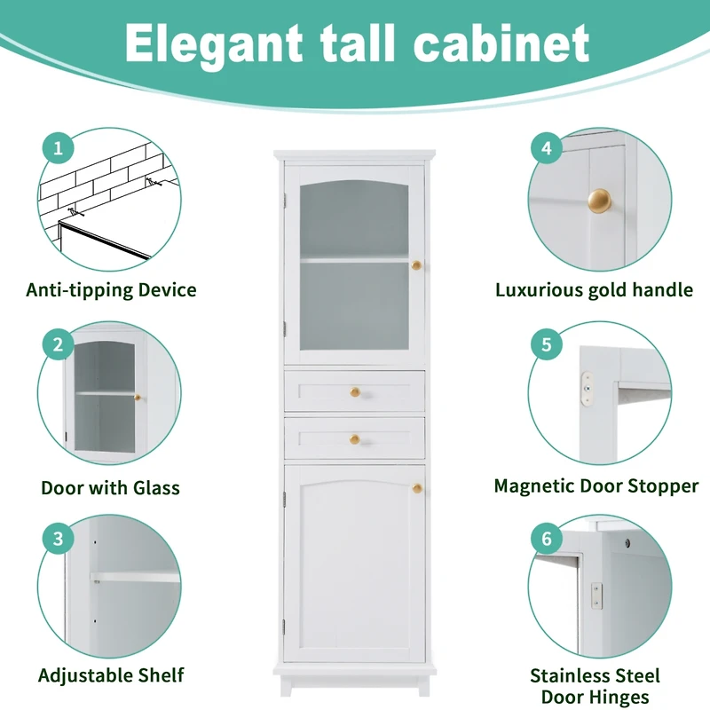 63" Tall Bathroom Storage Cabinet with Glass Doors, Free-Standing, Two Drawers, and Adjustable Shelves, Mdf Board