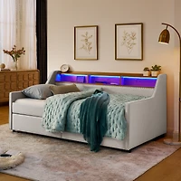Streamdale Furniture Twin Size Upholstery Sofa Bed with Three Led lights, with Storage Adjustable Headboard, with Two Storage Pull Up drawers and Wire