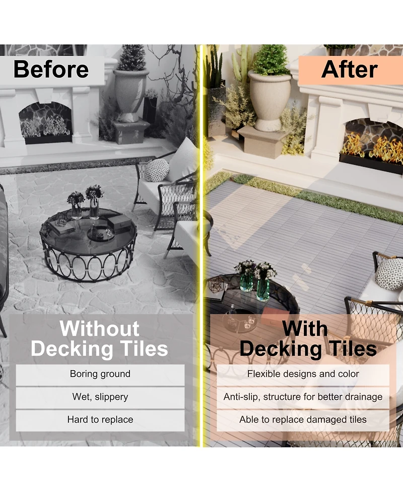 30 Pcs Interlocking Deck Tiles Striped Pattern, 12" x 12" Square Light Gray Acacia Hardwood Outdoor Flooring for Patio, Bancony, Pool Side,.