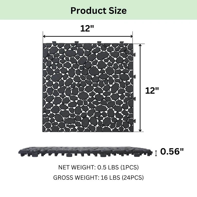12 x 12 Inch Black Interlocking Deck Tiles Plastic Waterproof Outdoor All Weather Anti-slip Bathroom Shower Balcony Porch Strong Weight Capacity Upto