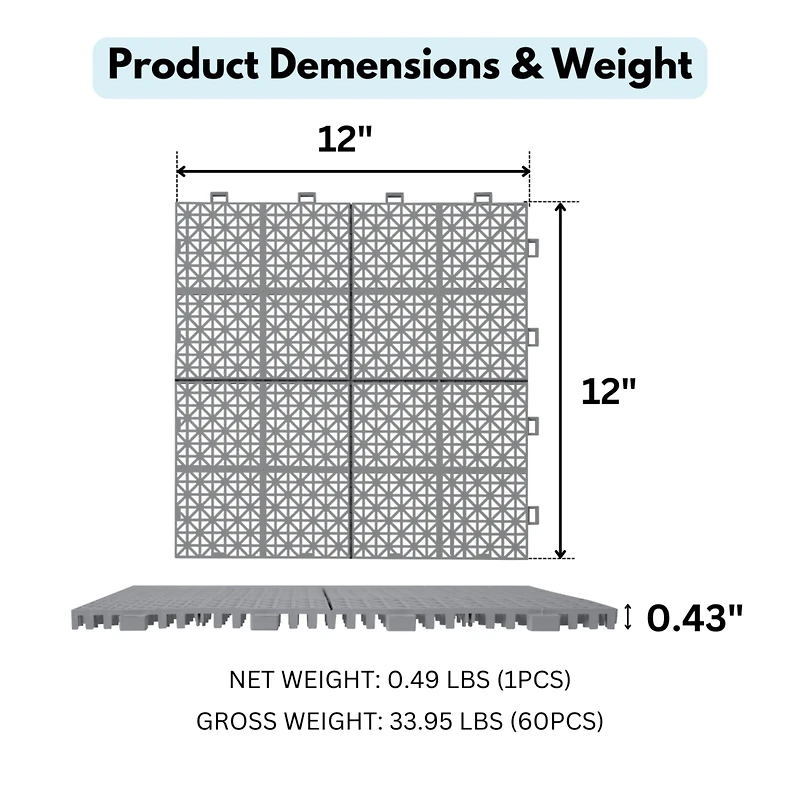 12 x 12 Inch Gray Interlocking Deck Tiles Plastic Waterproof Outdoor All Weather Anti-slip Bathroom Shower Balcony Porch Strong Weight Capacity Upto 6