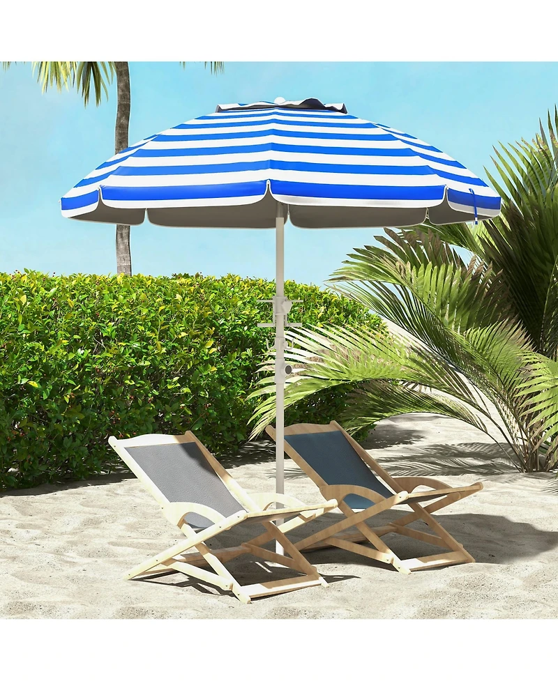 5.7' Portable Beach Umbrella with Tilt, Adjustable Height, 2 Cup Holders & Hooks, Uv 40+ Ruffled Outdoor Umbrella with Vented Canopy, Blue White Strip