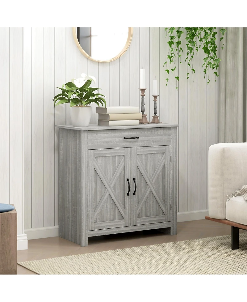 Farmhouse Sideboard Buffet Cabinet, Barn Door Coffee Bar Cabinet with Drawer and Adjustable Shelf, Kitchen Cabinet for Living Room, Entryway, Stone Gr