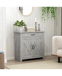 Farmhouse Sideboard Buffet Cabinet, Barn Door Coffee Bar Cabinet with Drawer and Adjustable Shelf, Kitchen Cabinet for Living Room, Entryway, Stone Gr